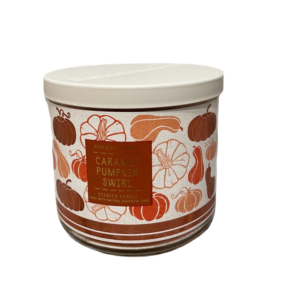 ❤️ BATH AND BODY WORKS CARMEL PUMPKIN SWIRL 3 WICK CANDLE NEW